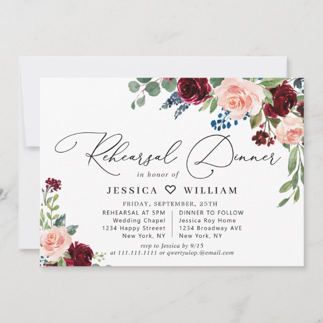Invitación Rosa REHEARSAL DINNER de la Marina de Borgoña Euca (Anverso)