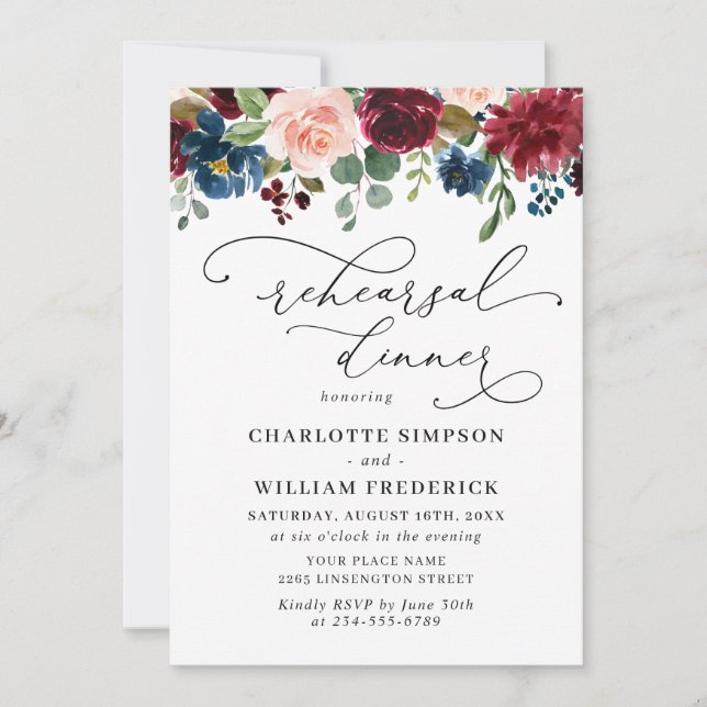 Invitación Rosa REHEARSAL DINNER de la Marina de Borgoña Euca (Anverso)