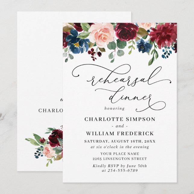 Invitación Rosa REHEARSAL DINNER de la Marina de Borgoña Euca (Anverso / Reverso)