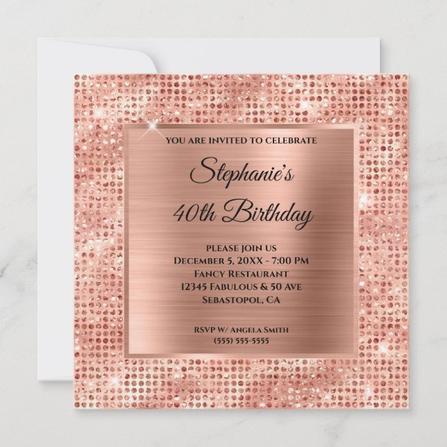 Invitación Rosa Relieve metalizado con estampado de diamante  (Anverso)