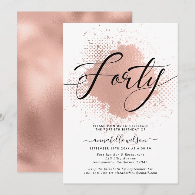 Invitación Rosa Relieve metalizado de Faux Oro 40 cumpleaños (Anverso / Reverso)