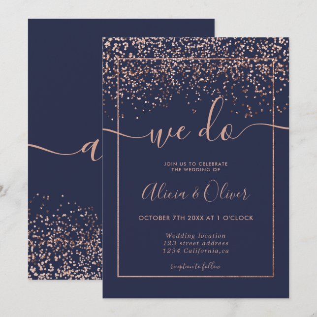 Invitación Rosa Relieve metalizado de oro azul marino moda in (Anverso / Reverso)