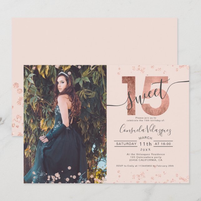 Invitación Rosa Relieve metalizado de oro confetti foto rubor (Anverso / Reverso)