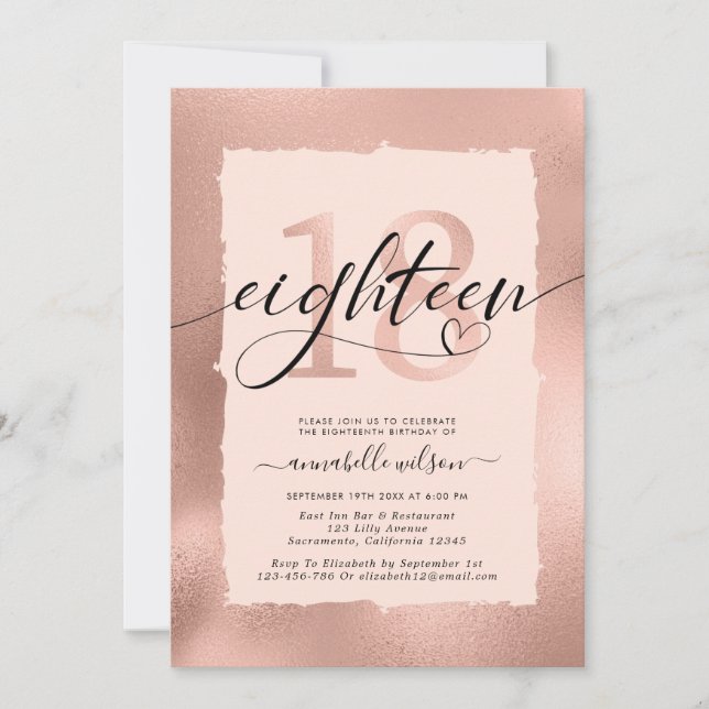 Invitación Rosa Relieve metalizado dorado 18.º cumpleaños - I (Anverso)