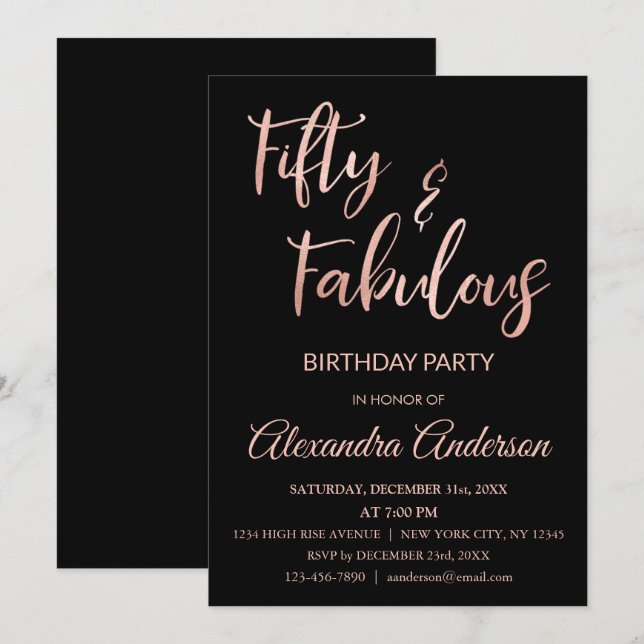 Invitación Rosa Relieve metalizado dorado Cincuenta y Fabulos (Anverso / Reverso)