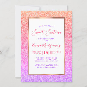 Invitación Rosa Relieve metalizado dorado Colorful Sweet 16 F
