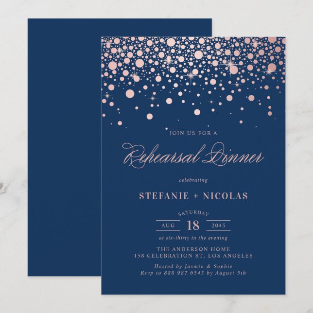 Invitación Rosa Relieve metalizado dorado Confetti Navy Cena  (Anverso / Reverso)