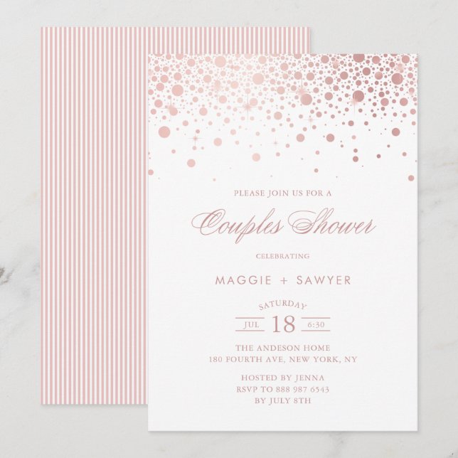 Invitación Rosa Relieve metalizado dorado Confetti Parejas Du (Anverso / Reverso)