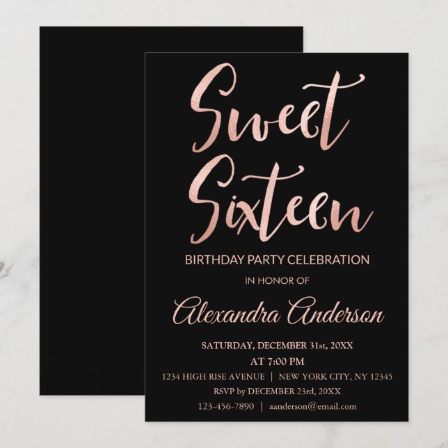 Invitación Rosa Relieve metalizado dorado Dulce 16 Dieciséis  (Anverso / Reverso)