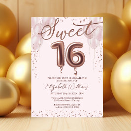Invitación Rosa Relieve metalizado dorado dulce 16 globos de 