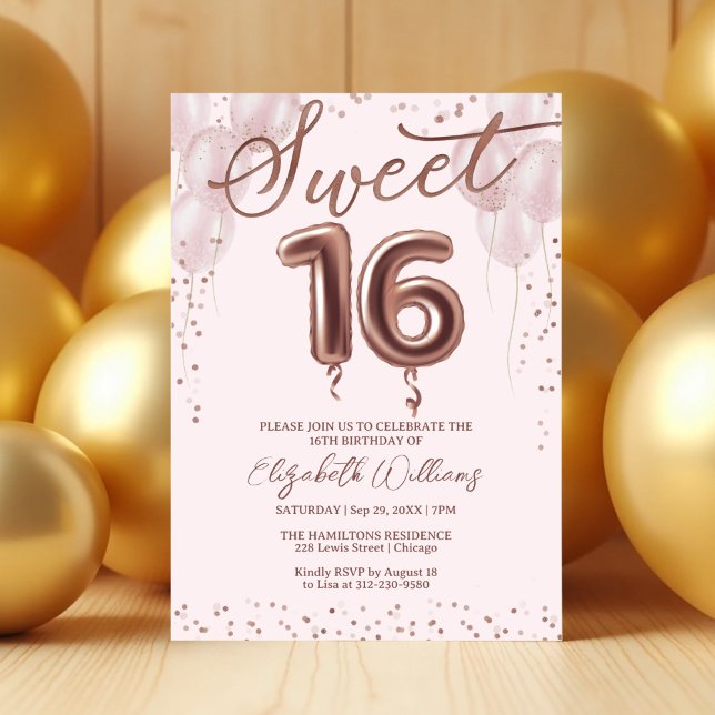 Invitación Rosa Relieve metalizado dorado dulce 16 globos de  (Subido por el creador)