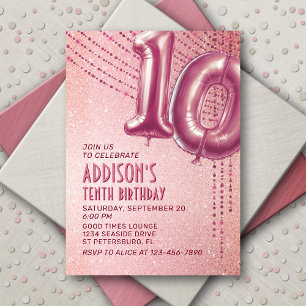 Invitación Rosa Relieve metalizado dorado Globos 10 cumpleaño