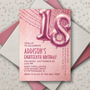 Invitación Rosa Relieve metalizado dorado Globos 18 cumpleaño