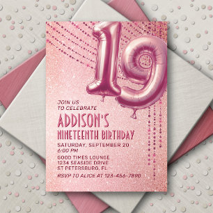 Invitación Rosa Relieve metalizado dorado Globos 19 cumpleaño