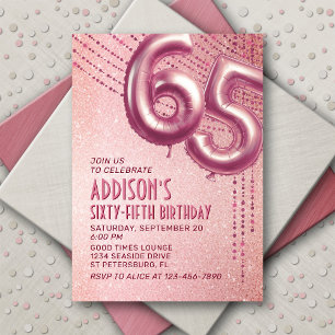 Invitación Rosa Relieve metalizado dorado Globos 65 cumpleaño