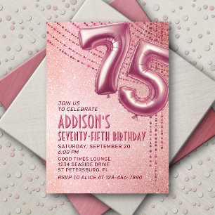 Invitación Rosa Relieve metalizado dorado Globos 75 cumpleaño