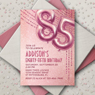 Invitación Rosa Relieve metalizado dorado Globos 85º cumpleañ