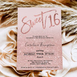 Invitación Rosa Relieve metalizado dorado guión purpurina rub<br><div class="desc">Moderna, moda y elegante purpurina de oro subió oscuro, dulce y dulce invitación a la fiesta de Relieve metalizado de 16 años con una tipografía moderna de 16 años con Relieve metalizado de oro rosa y purpurina brillante sobre un fondo rosa pastel editable. Añade tu foto al fondo o deja...</div>
