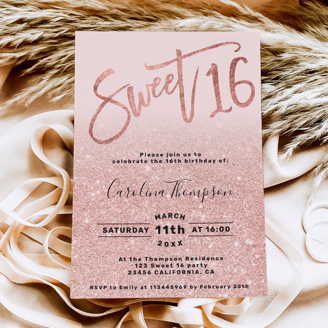 Invitación Rosa Relieve metalizado dorado guión purpurina rub (Subido por el creador)