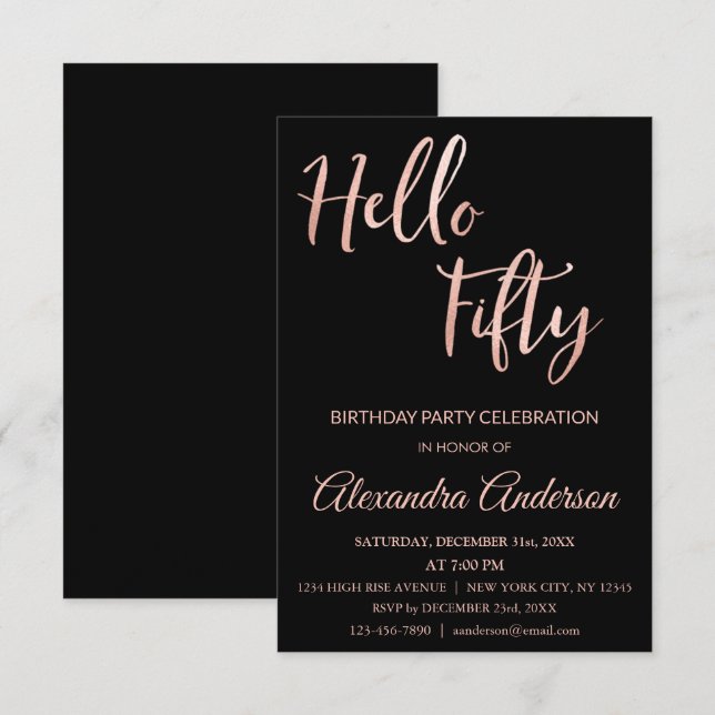 Invitación Rosa Relieve metalizado dorado Hola 50 Fiesta de l (Anverso / Reverso)