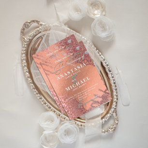 Invitación Rosa Relieve metalizado dorado Lujo Glam Elegante 