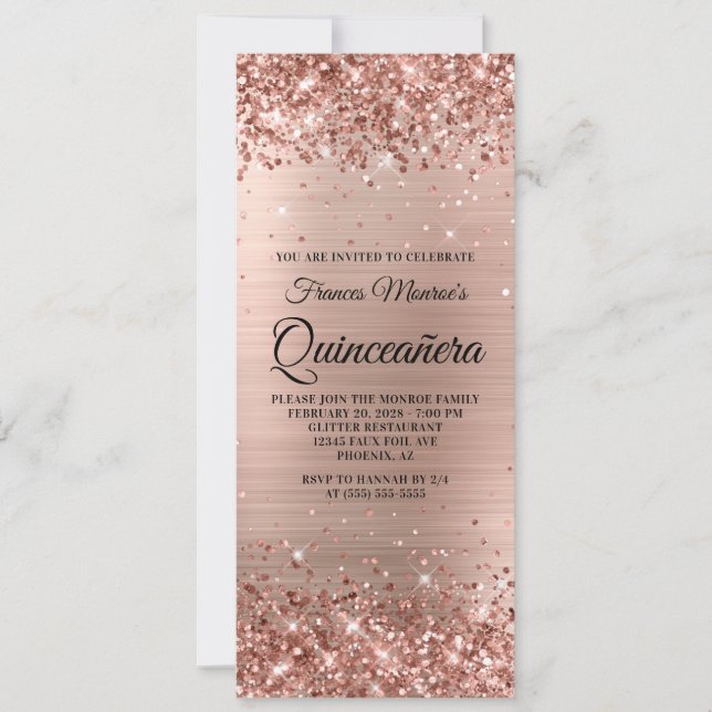Invitación Rosa Relieve metalizado dorado Purpurinoso Quincea (Anverso)