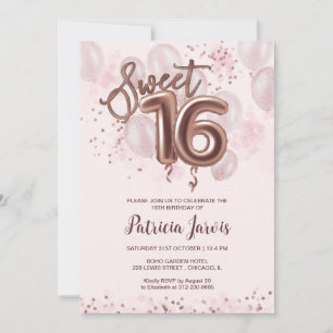 Invitación Rosa Relieve metalizado dorado Sweet 16 Bday Ballo