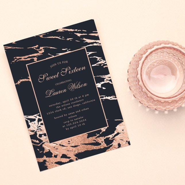 Invitación Rosa Relieve metalizado Faux Marble Sweet Dieciséi (Subido por el creador)
