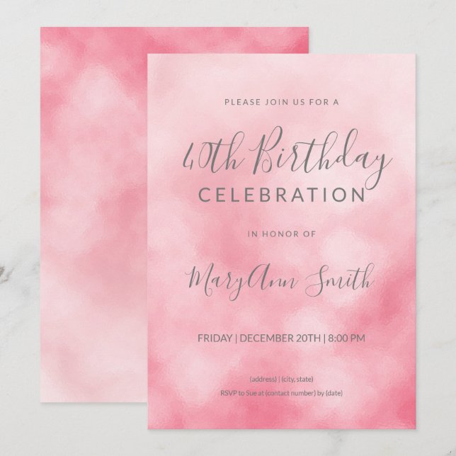 Invitación Rosa Relieve metalizado Rubor Rosa Dorado 40.º Pur (Anverso / Reverso)