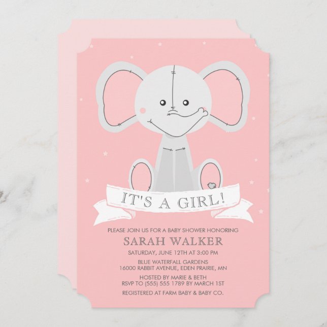 Invitación ¡Rosa relleno del elefante es un chica! Baby (Anverso / Reverso)