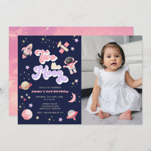 Invitación Rosa retro dos el cumpleaños del espacio lunar