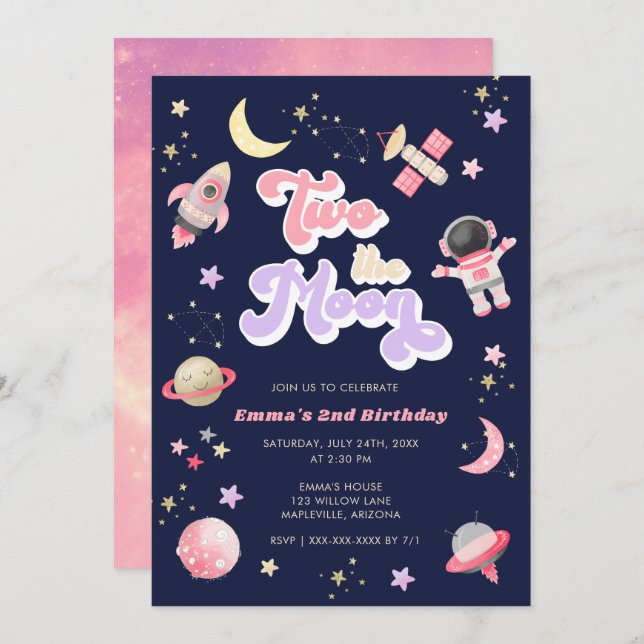 Invitación Rosa retro dos el cumpleaños del espacio lunar (Anverso / Reverso)