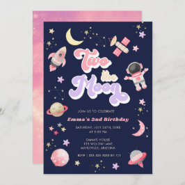 Invitación Rosa retro dos el cumpleaños del espacio lunar