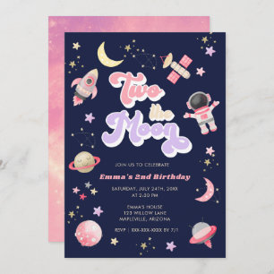 Invitación Rosa retro dos el cumpleaños del espacio lunar