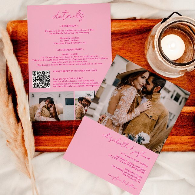 Invitación Rosa retro rosado 4 foto Qr todo en un boda (Modern black white 4 photo Qr all in one wedding Invitation on retro pink)