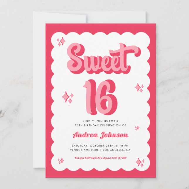 Invitación Rosa retro y Groovy rojo dulce 16 cumpleaños (Anverso)