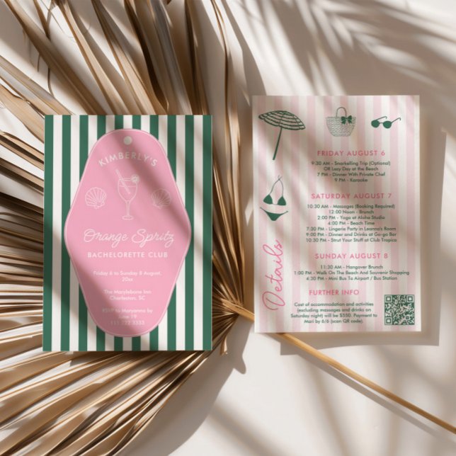 Invitación Rosa Retro y Verde Despedida de Soltera en Beverly (Preppy pink and green bachelorette beach weekend invitation with hand drawn icons)