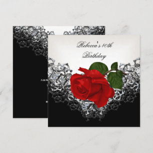 Invitación Rosa ROJA 40 cumpleaños Encaje Negro Blanco Plata