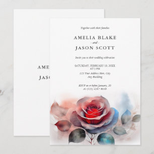 Invitación Rosa Roja Azulada en Acuarela sobre Boda Blanca