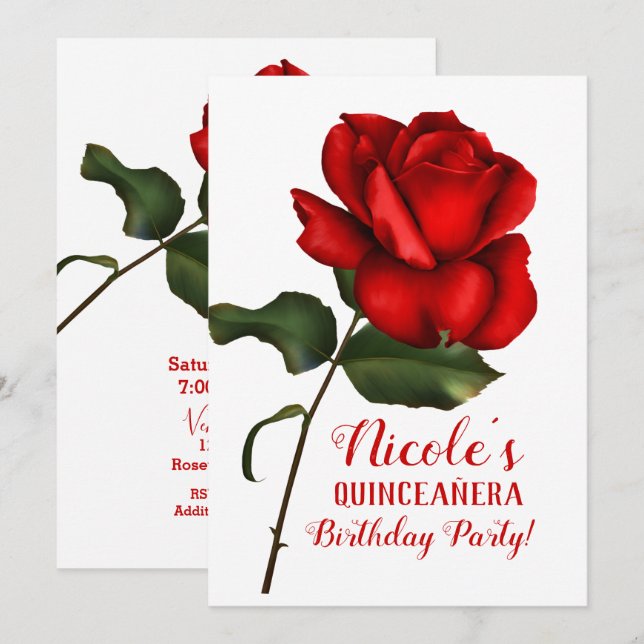 Invitación Rosa Roja Belleza y la Bestia Quinceañera Fiesta (Anverso / Reverso)
