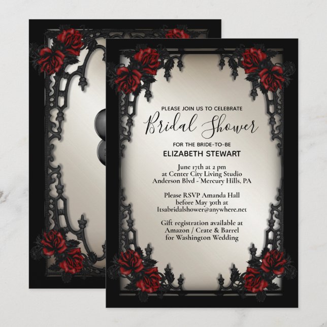 Invitación Rosa Roja Boda gótica ducha de novia oro antiguo (Anverso / Reverso)