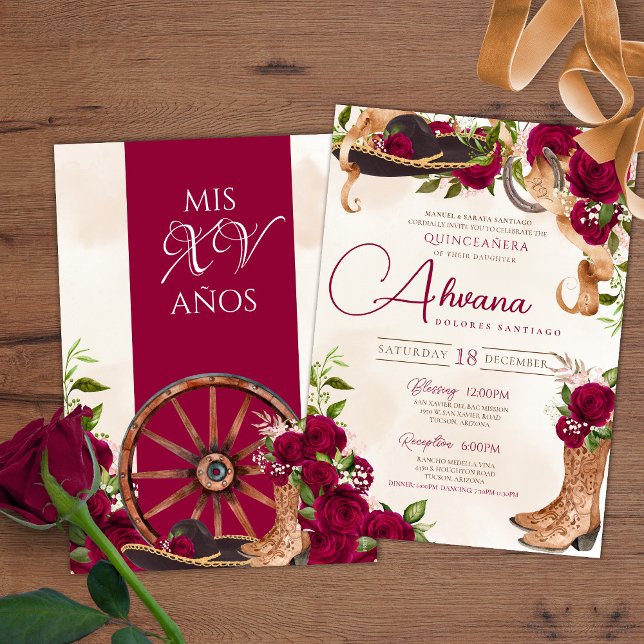 Invitación Rosa Roja Borgoña Charro Occidental Quinceanera (Subido por el creador)