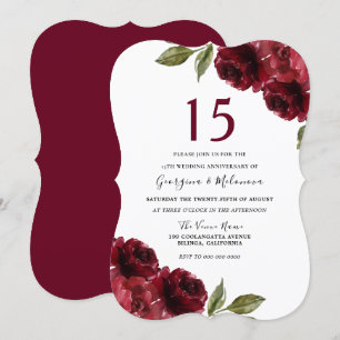 Invitación Rosa Roja Borgoña Elegante 15º Aniversario de Boda