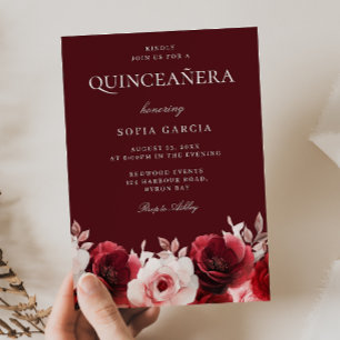 Invitación Rosa Roja Borgoña Encantada Rosa Roja Quinceanera