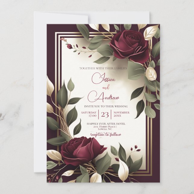 Invitación Rosa Roja Borgoña Floral Falso Oro Lujo Boda (Anverso)
