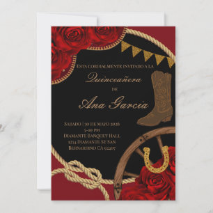 Invitación Rosa Roja Charra Quinceañera Fiesta Mexicana