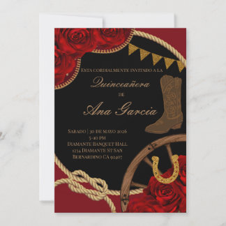 Invitación Rosa Roja Charra Quinceañera Fiesta Mexicana