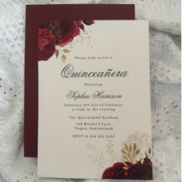 Invitación Rosa Roja Clásica y Quinceanera Oro