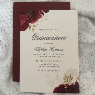 Invitación Rosa Roja Clásica y Quinceanera Oro