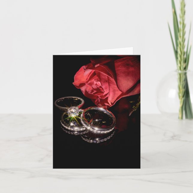 Invitación Rosa roja de 1362 con anillos Bodas (Anverso)